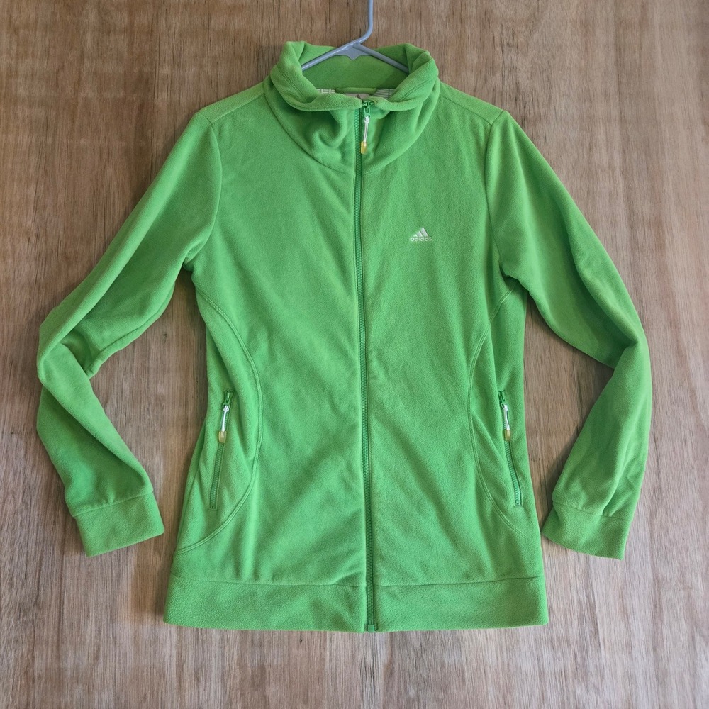 adidas Lime Green Full Zip Fleece Jacket Mock Neck Women's Medium Lightweight